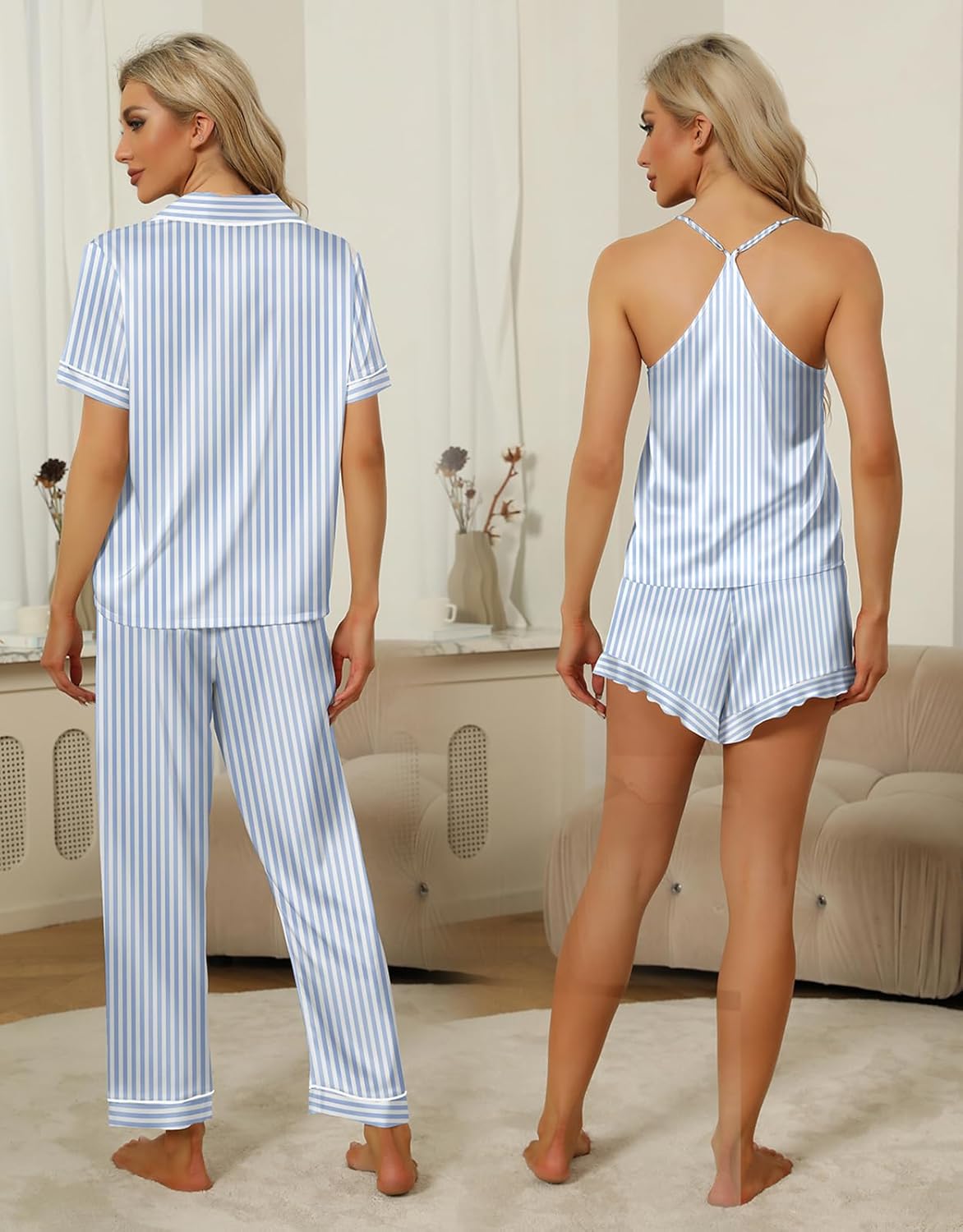 Silk Pajamas  3 Piece Satin  Short Sleeve Pj Set