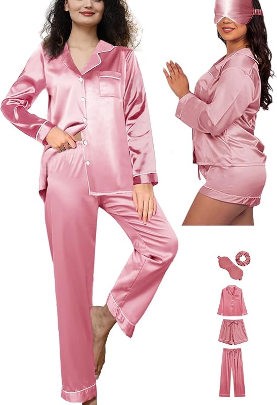 5Pcs XS-XXL Womens Silk Satin Pajamas Sets Long Pj Sets Sleepwear